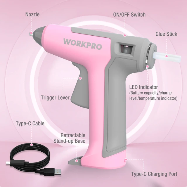 WORKPRO 3.6V Pink Rechargeable Hot Glue Gun Cordless Fast Heating Glue Gun  Kits