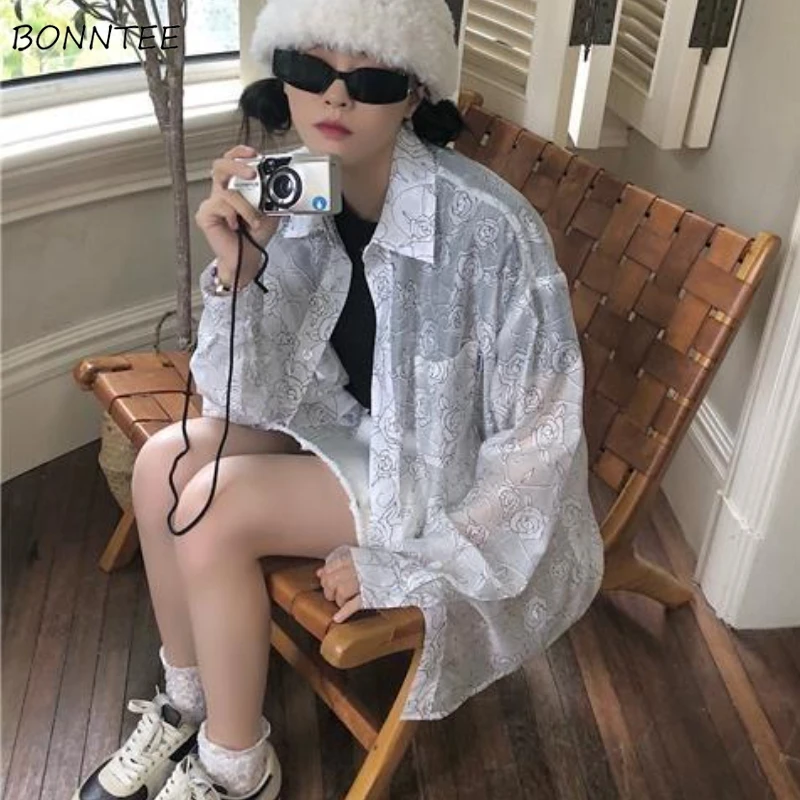 

Shirts Women Long Sleeve Summer Thin Sunscreen Chic All-match Casual Streetwear Retro Basic Print Design Elegant Students Tops