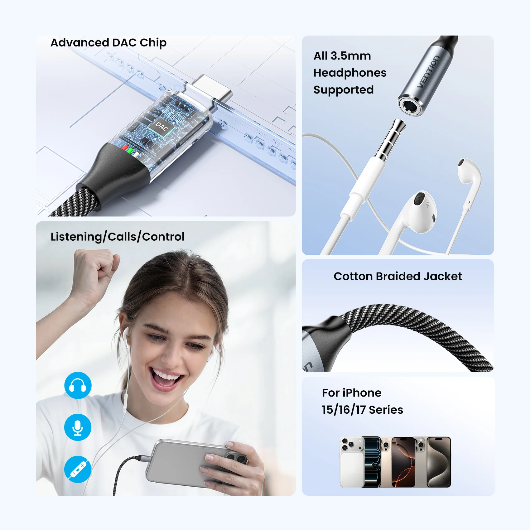 벤션 USB 타입 C - 3.5mm 이어폰 어댑터 잭 헤드폰 USB C 케이블 Aux 오디오 케이블 어댑터 (아이폰 17, 16, 삼성 S24 호환)