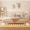 Wood Floating Bed with Hidden Storage Headboard, LED Light, USB Ports for Adult, Beige 1