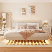 Wood Floating Bed with Hidden Storage Headboard, LED Light, USB Ports for Adult, Beige 1