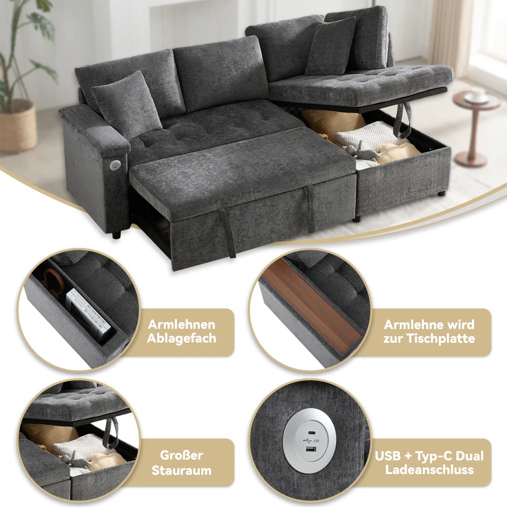 Wohnzimmer L-förmiges Sofa mit Ausziehbett, Ausgestattet mit Stauraum, USB-Ladegerät, Armlehnen-Stauraum und 2 Kissen – Detail 27