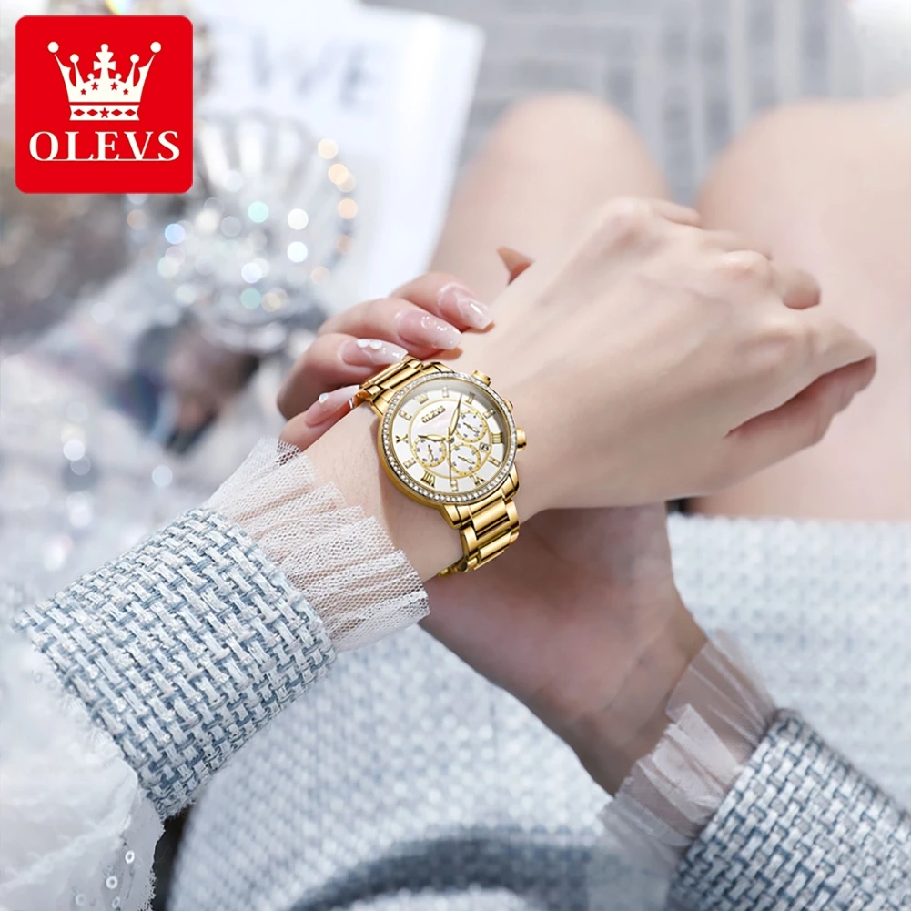 OLEVS9976 Quartz Watch for Women Luxury Elegant Multifunction Design Watches Stainless Steel Luminous Waterproof Wristwatch Gift