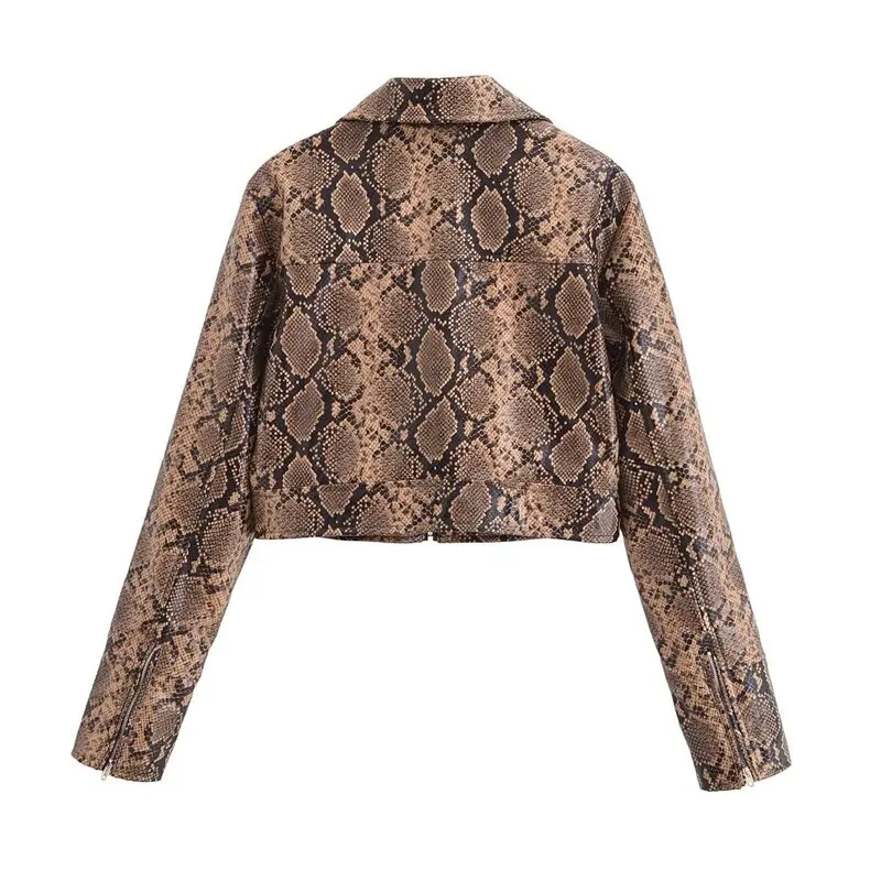 2024 Autumn New Women's Faion Snake Patterned Leather Jaet Versatile Outerwear Commute Sle Straight Cut Regular Thin