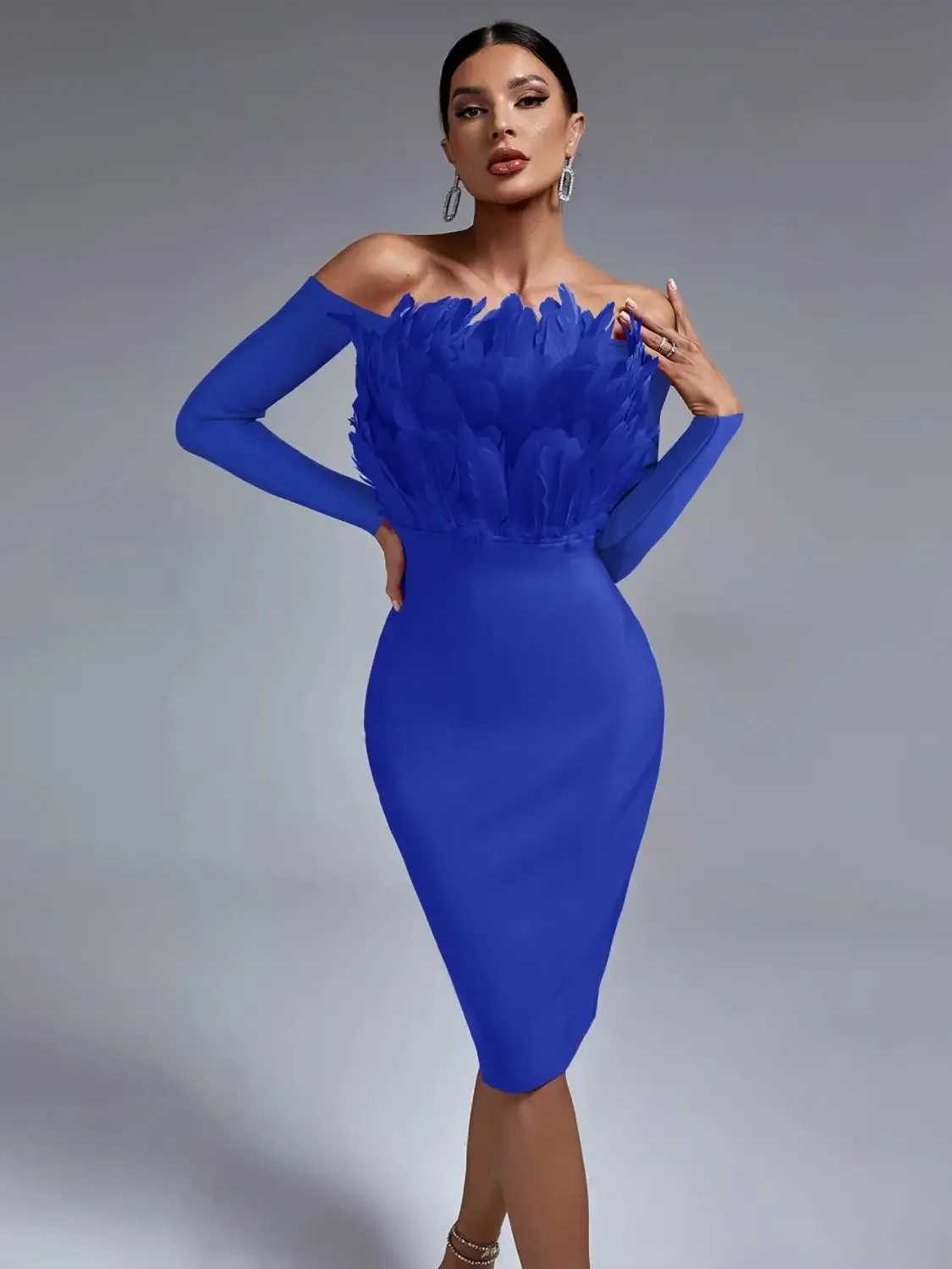 

Long Sleeve Bandage Dress Women Feather Party Dress Bodycon Elegant Blue Sexy Off Shoulder Birthday Evening Club Outfit New Year