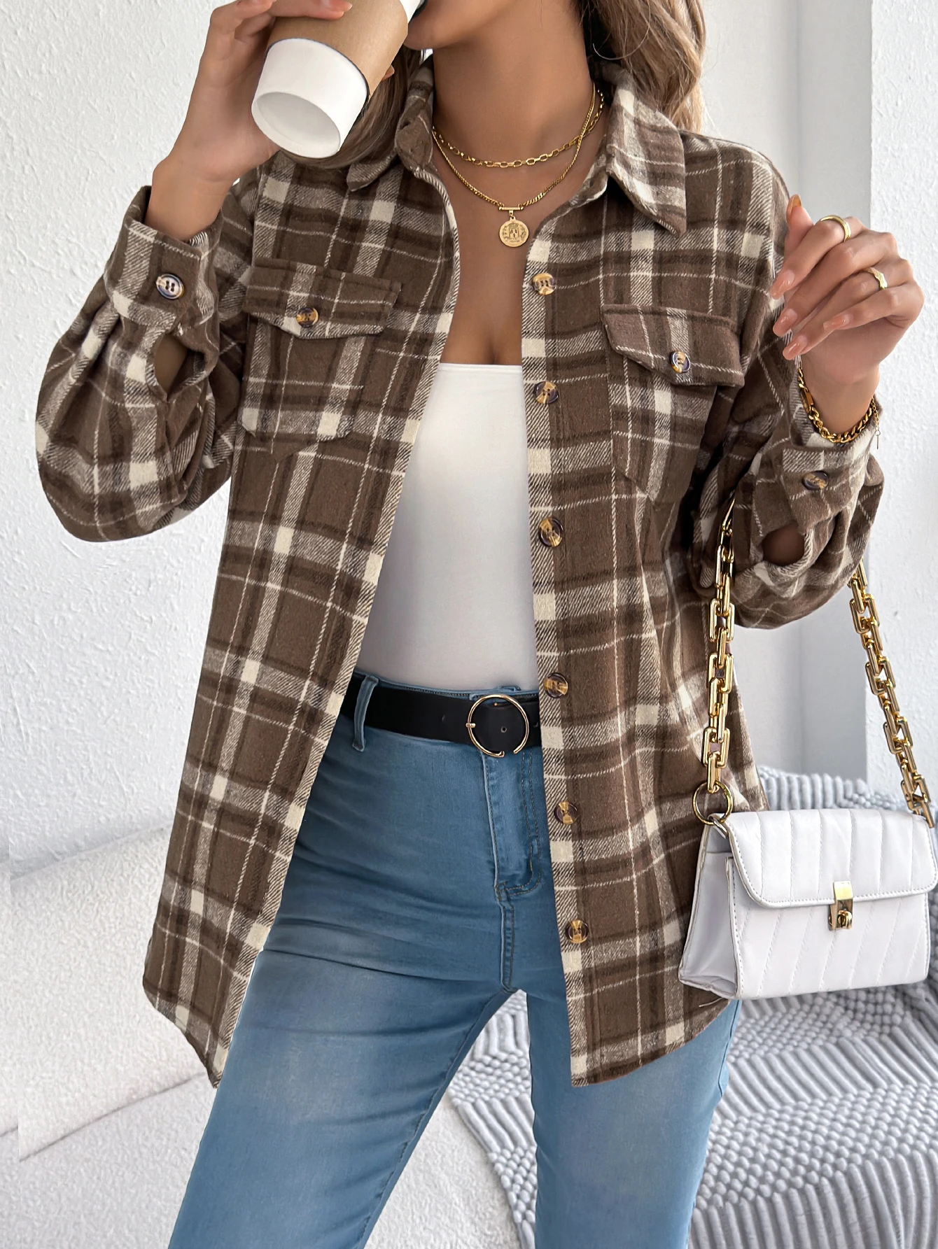 Womens Woolen Plaid Long Sleeved Jacket