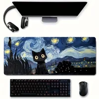 Starry Night mouse pad with cute black cat, study and office use, office accessories, rectangular workstation pad - durable, wat 1