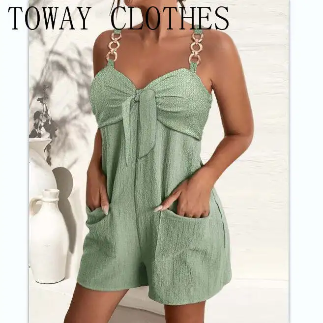 

Women Chic Solid O-ring Decor Thick Straps Sleeveless Pocket Casual Loose Romper