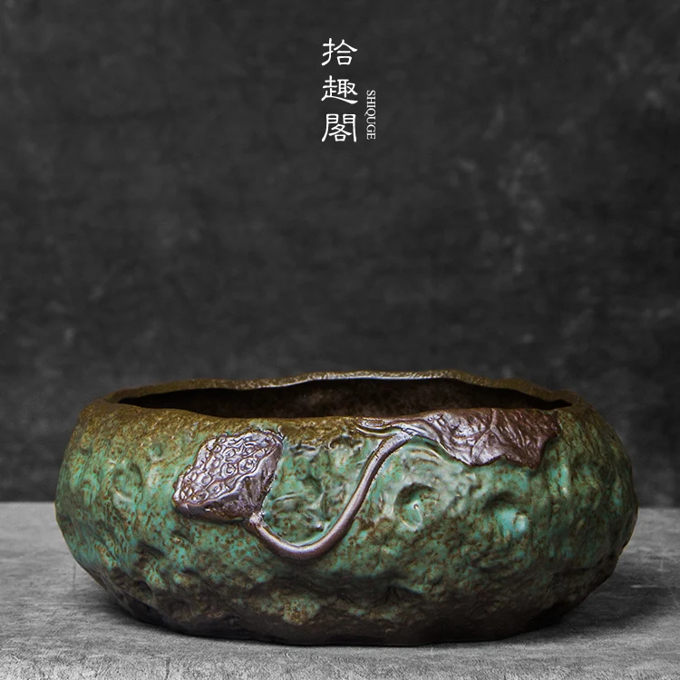 

Creative Handmade Coarse Pottery Tea Basin Retro Cup Wash Jianshui Pouring Tea Basin Writing-Brush Washer Ceramic Fish Tank