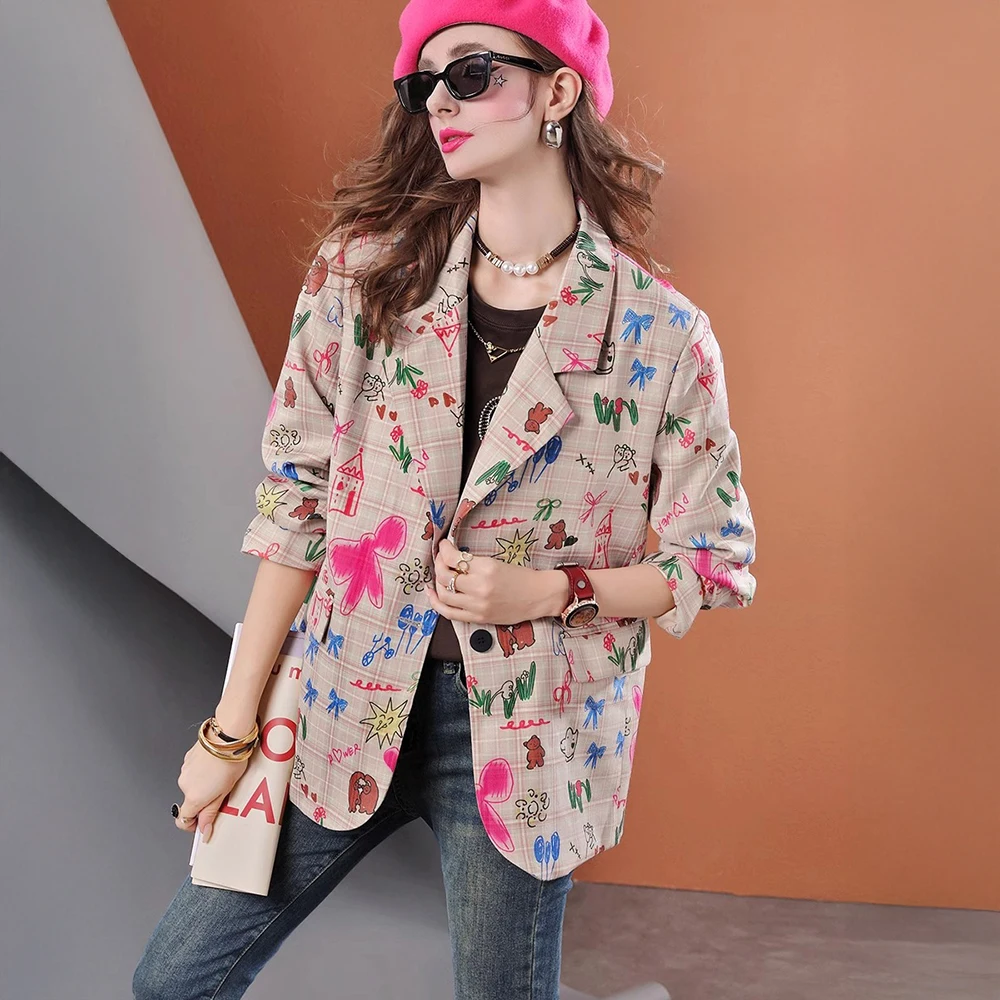 Autumn mid-length hand-painted graffiti print casual women's plaid suit jacket 3