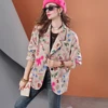 Autumn mid-length hand-painted graffiti print casual women's plaid suit jacket 3
