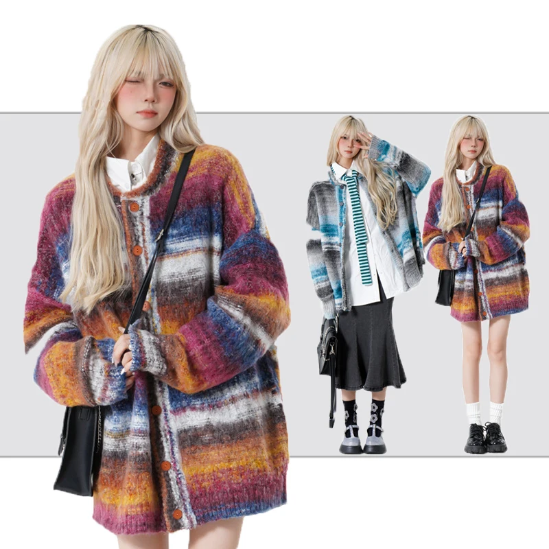 

Women Retro Contrast Color Artistic Advanced Sense Cardigan 2023 New Winter Colorful Cardigan Button Sweater Y2K Couple Tops