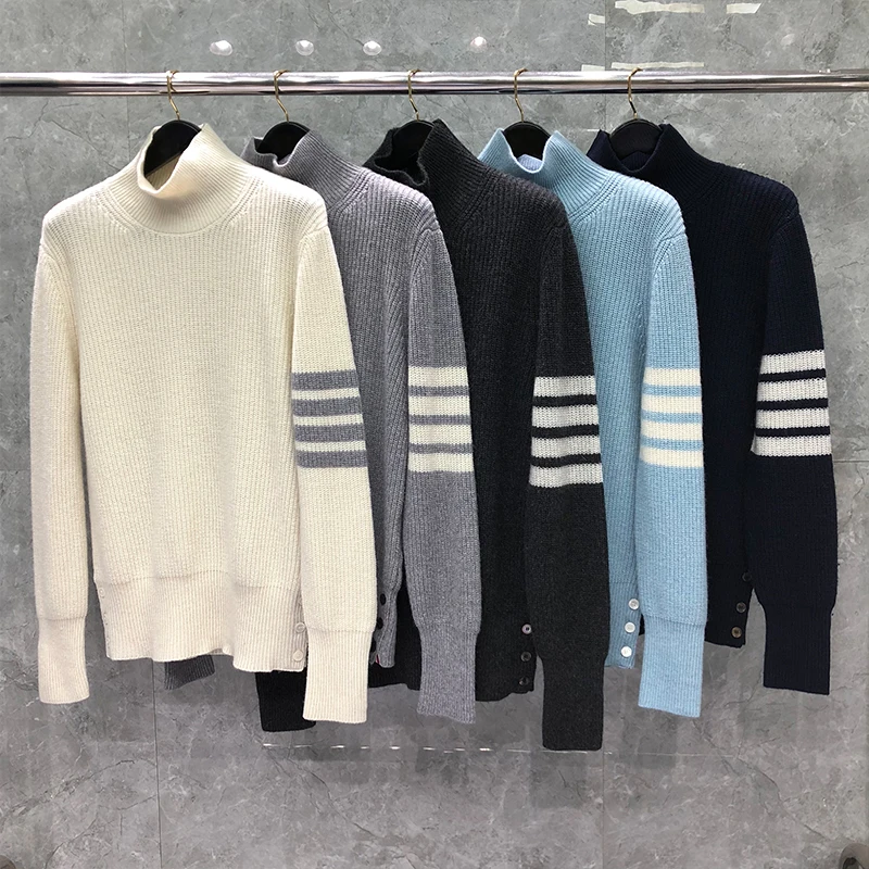 

TB THOM Sweater Autunm Winter Sweaters Male Fashion Brand Men's Clothing Wool 4-Bar Stripe Turtleneck Knit Casual Sweaters