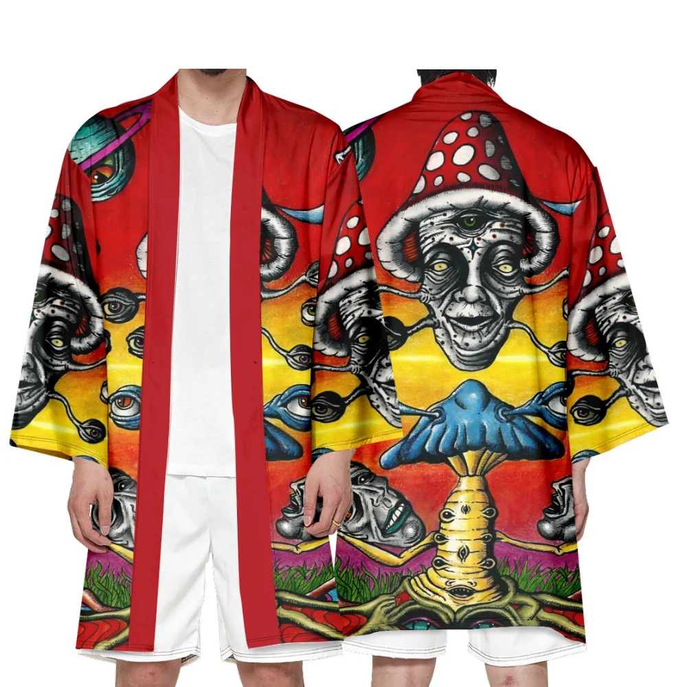 Men's Japanese Long Kimono Cardigan Men's Samurai Clothing Kimono Psychedelic Pattern Shirt Yukata Jacket