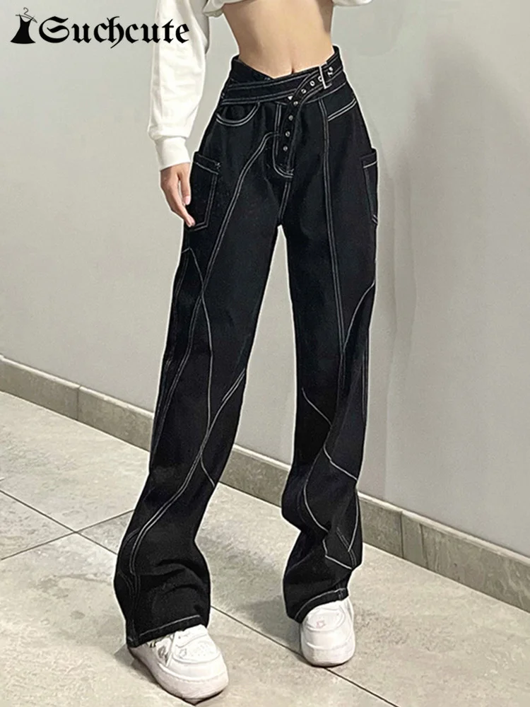 

Gothic Black Wide Leg Jeans With Belt Women Dark Academic Denim Trousers Hip Hop Streetwear Grunge Punk Pants