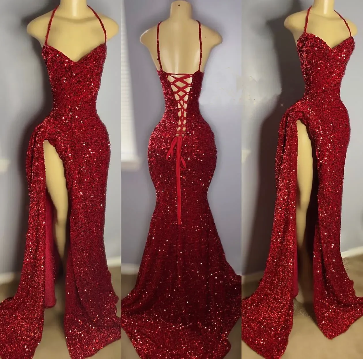 

2024 Dark Red Prom Dresses Sparkly Sequins Mermaid Sleeveless Halter High Split Pleats Evening Gown Formal Occasion Wear Vestido