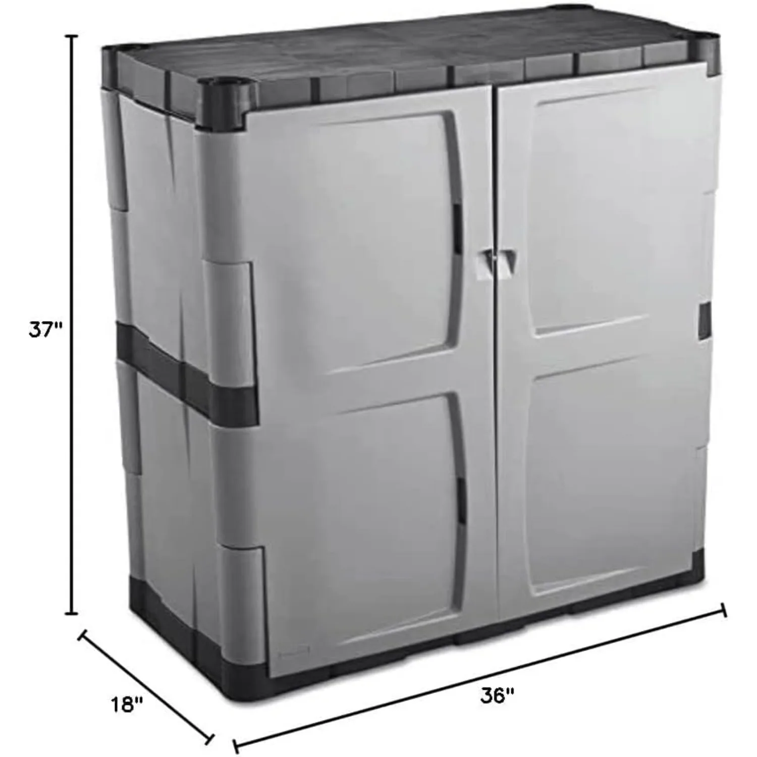 Rubbermaid Freestanding Storage Cabinet with Doors, 18"D x 36"W x 37"H, Medium Gray/Black, Two-Shelf Lockable Cabinet for Indoor 2
