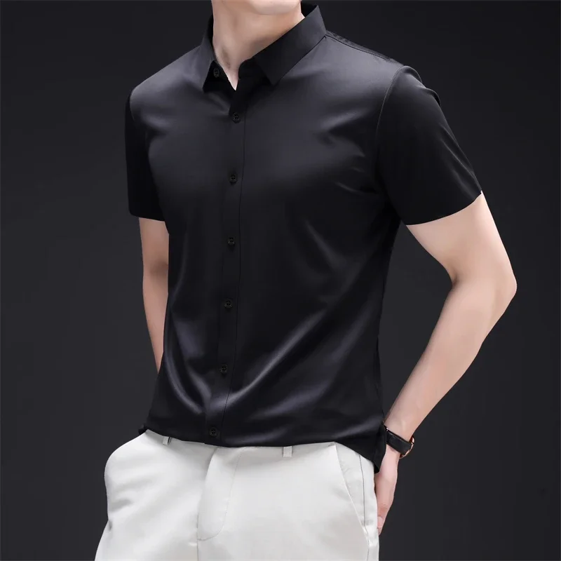 New Men's Business Casual Short Sleeved Solid Color Shirt Wrinkle Resistant Wrinkle Free Comfortable All Season Versatile Top 4