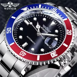 Men's Automatic Mechanical Wristwatch with Luminous Hands and Date Feature - Elegant Stainless Steel and Leather Design (Steel blue red)