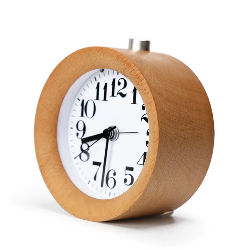 Wooden Clock Handmade Classic Small Round Wood Silent Light Desk Alarm Clock With Desk Lamp for Home dropshipping 2