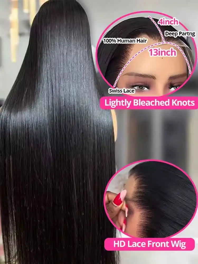 40 42 Inch Bone Straight Human Hair Wigs 13x6 HD Transparent Lace Frontal Glueless Straight Lace Front Human Hair