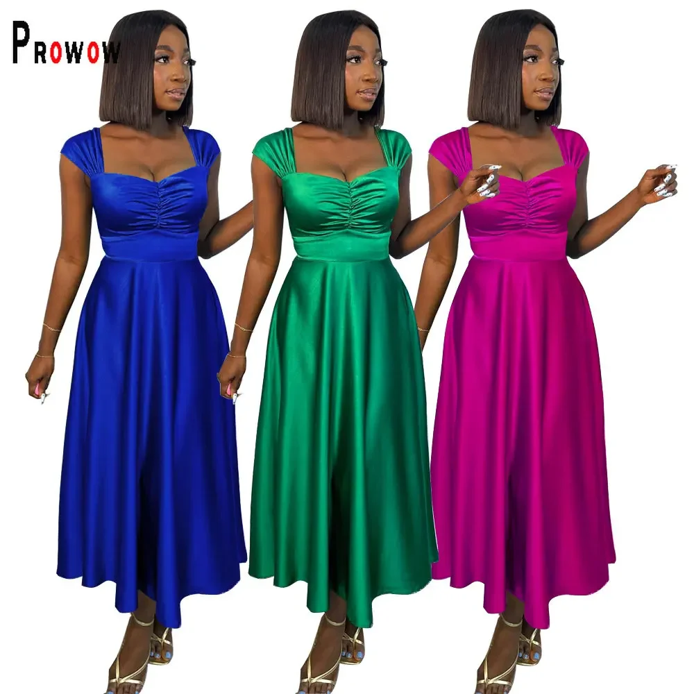 

Prowow Slim Fit Women Maxi Dress Summer Elegant Satin Evening Birthday Party Costume Square Collar Female Outfits Clothing