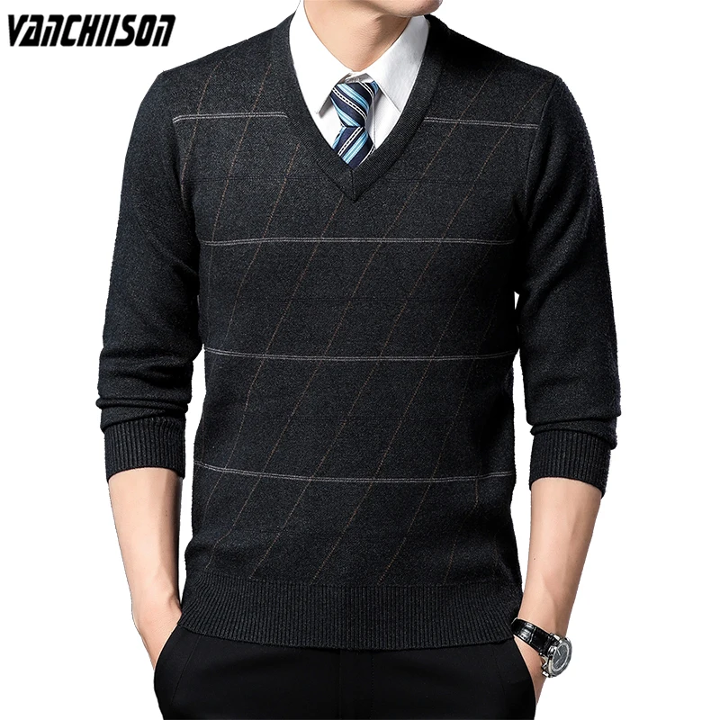 

Men Vintage Sweater Pullover Knit Jumpers Tops V Neck Thick for Autumn Winter Stripes Male Fashion Clothing 00388