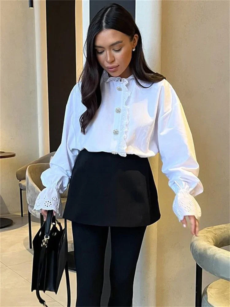 Female Glitter Ruffled Shirts Top Inner Patchwork Long Sleeve Casual Commute Clothes Hollow Out Elegant Women's Blouses