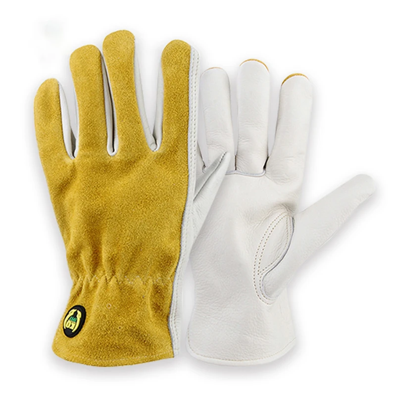 

Leather Safety Work Gloves Gardening Carpenter Gloves Breathable Thorn Proof Truck Driving for Mens and Womens, White Yellow