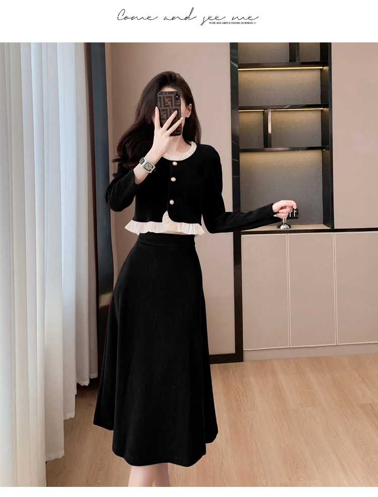 Autumn Winter Corduroy Two-piece Skirt Set Women Long Sleeve Ruffles O-neck Top Solid Midi Skirt Korean Fashion Outfits New
