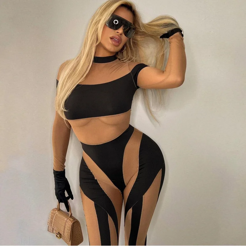 

Sexy Mesh Sheer Splicing Nightclub Jumpsuit Women Elegance One Piece Outfits Long Sleeve Romper Midnight Party Club Overalls