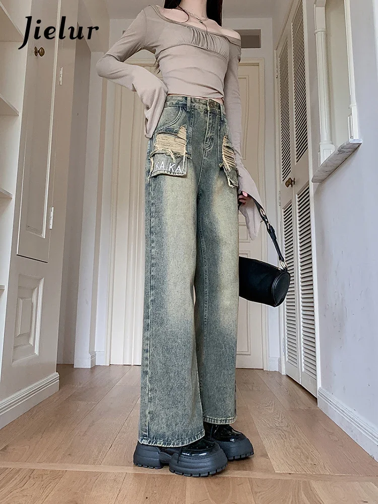Jielur Ins Vintage Holes Slim Women Jeans Autumn New High Waist Loose Chicly Woman Jeans Fashion Casual Wide Leg Pants Female