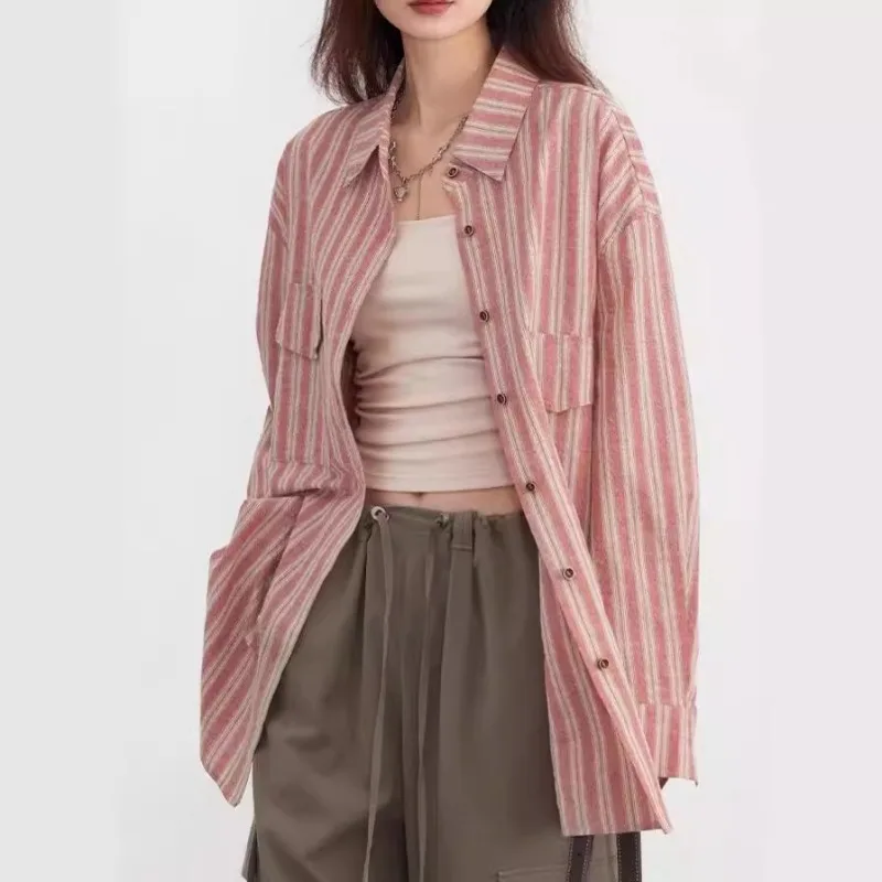 

Spring Red Vintage Contrast Color Lapel Vertical Stripes Loose Shirt Woman