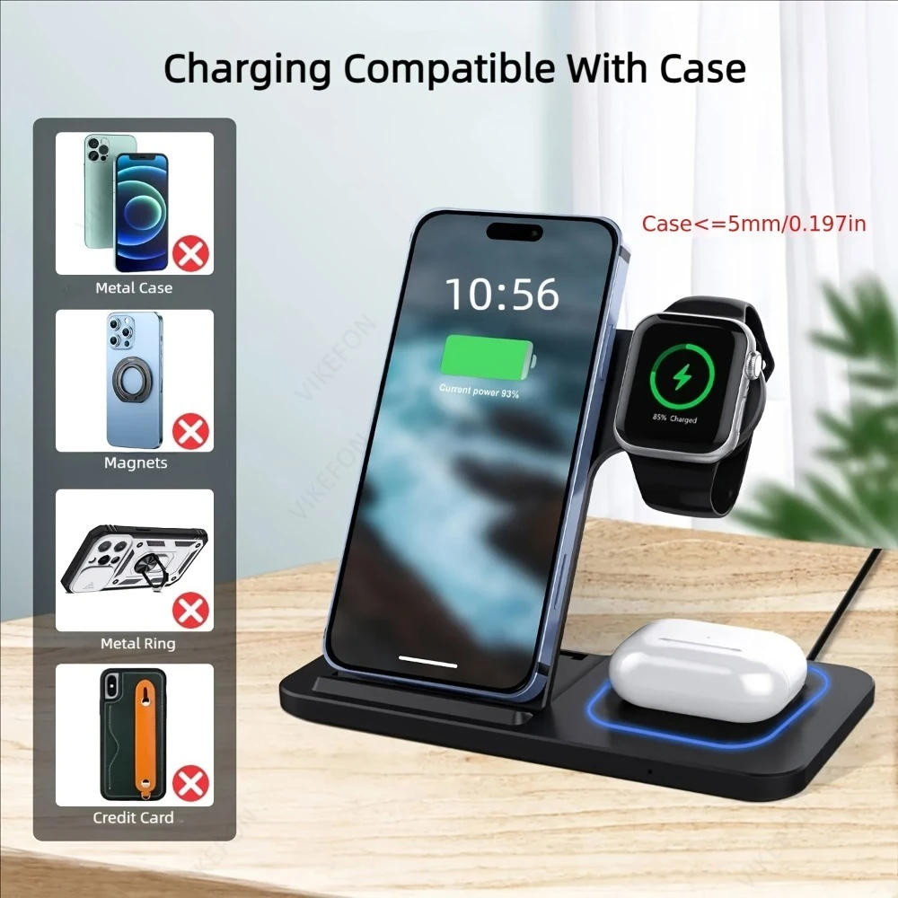 Foldable 100W Wireless Charging Station for iPhone 16 15 14 13 12 iWatch 10-2 Ultra Airpods 4 Pro 3 in 1 Fast Charger Stand Dock
