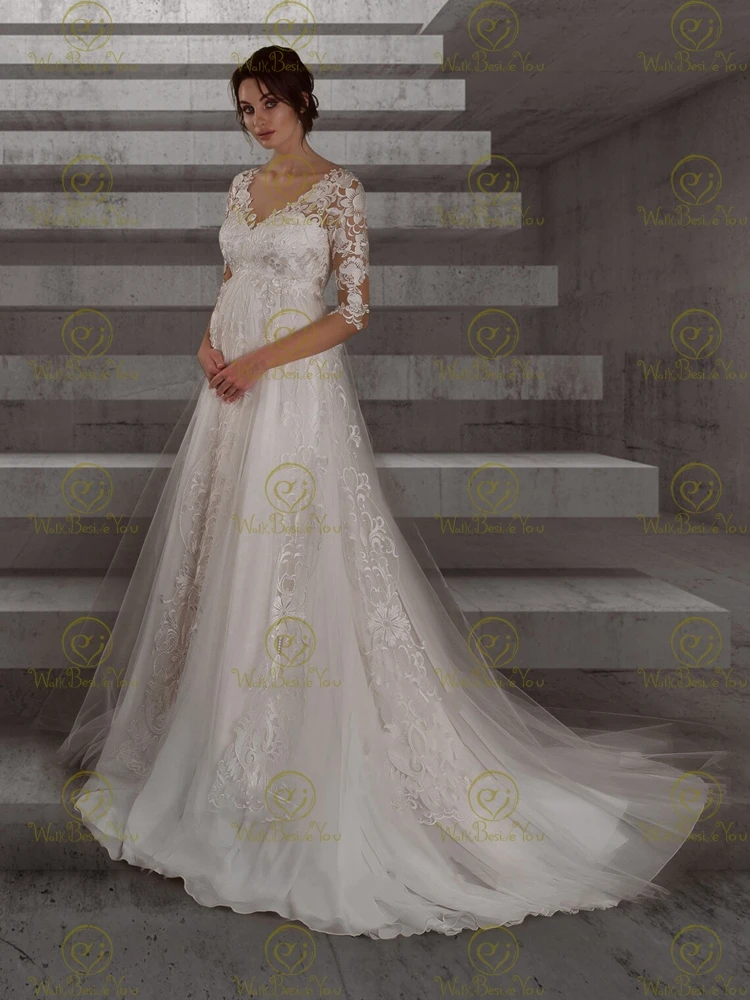 Robe de Mariée en Dentelle et Tulle pour Femme Enceinte, Tenue