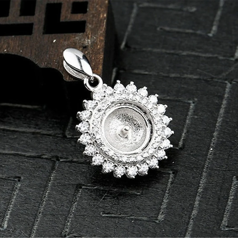 

925 Silver Zircon Pendant Blank For 8mm Half-drilled Round Beads/Pearls White Gold Plated Sterling Silver Pendant Setting P315B
