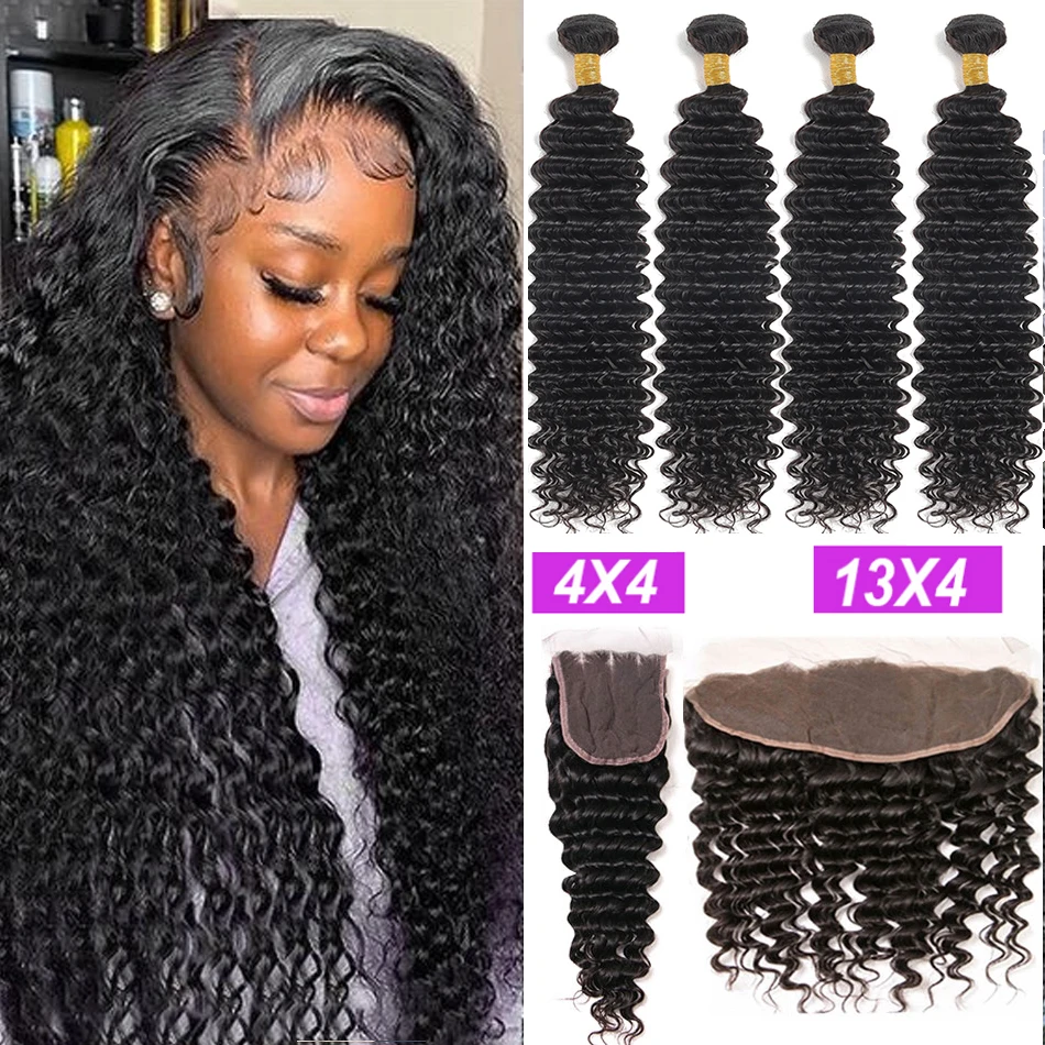 

12A Raw Deep Wave Bundles With Closure Peruvian Virgin 100% Human Hair Weaves Water Loose Curly 3/4 Bundles and 4X4 Lace Closure