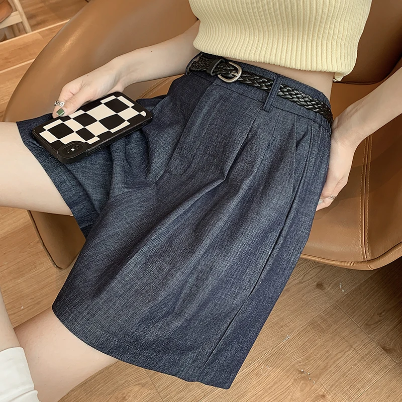 QOERLIN Vintage with Belt Denim Shorts Women 2024 New High Waist Wide Leg Blue Jeans Shorts Pocket Summer Thin Shorts Girls