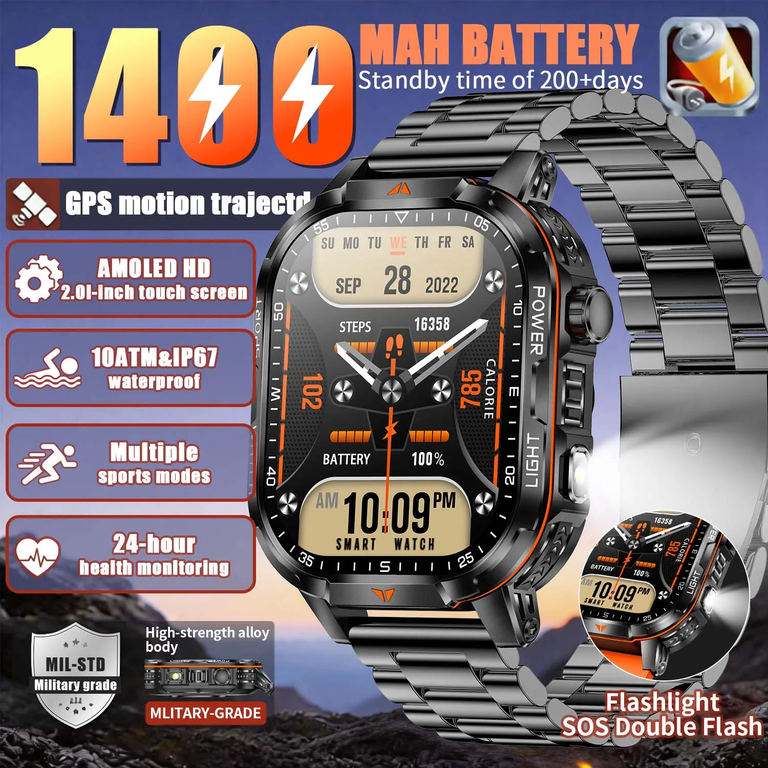 2026 New exercise 1400mAh Battery Smart Watch Tracking 10ATM Waterproof Sports Tracker Outdoor Military Smart Watch Men 1