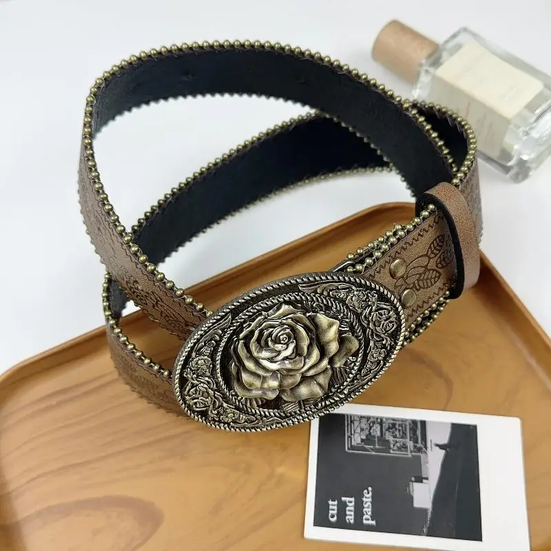 Vintage Carved Buckle PU Wide Belts Boho Brown Embossed Waistband Western Jeans Pants Belt