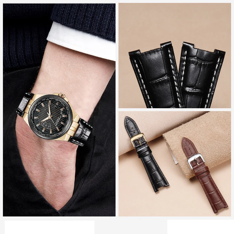 Genuine Leather Notched Watchband for Men's Watches, 24x13mm