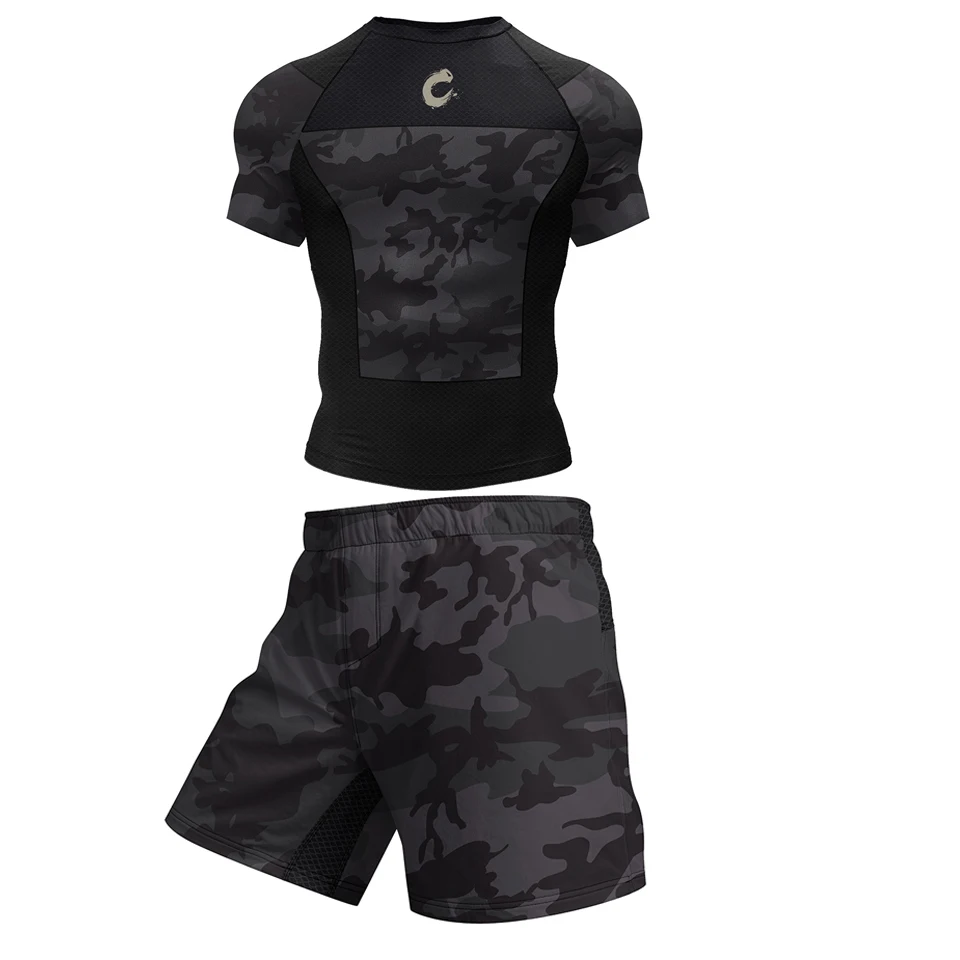 Mens Black No Gi BJJ Jiu Jitsu Set - MMA Shorts  Compression Rashguard