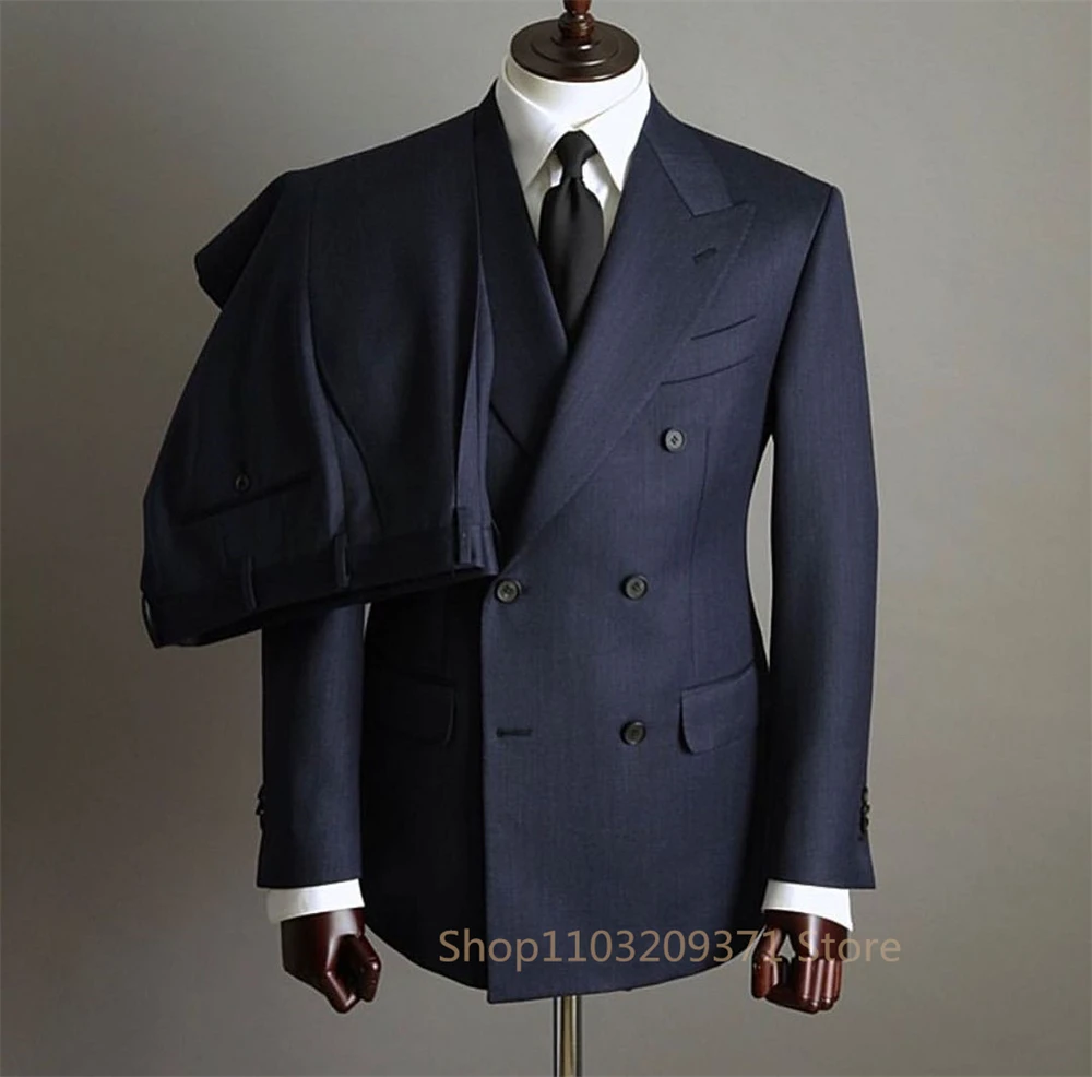 Casual Business Navy Blue Mens Suits Slim Fit 2 Piece Jacket Pants Set For Groom Wedding Tuxedo Formal Office Wear Costume Homme