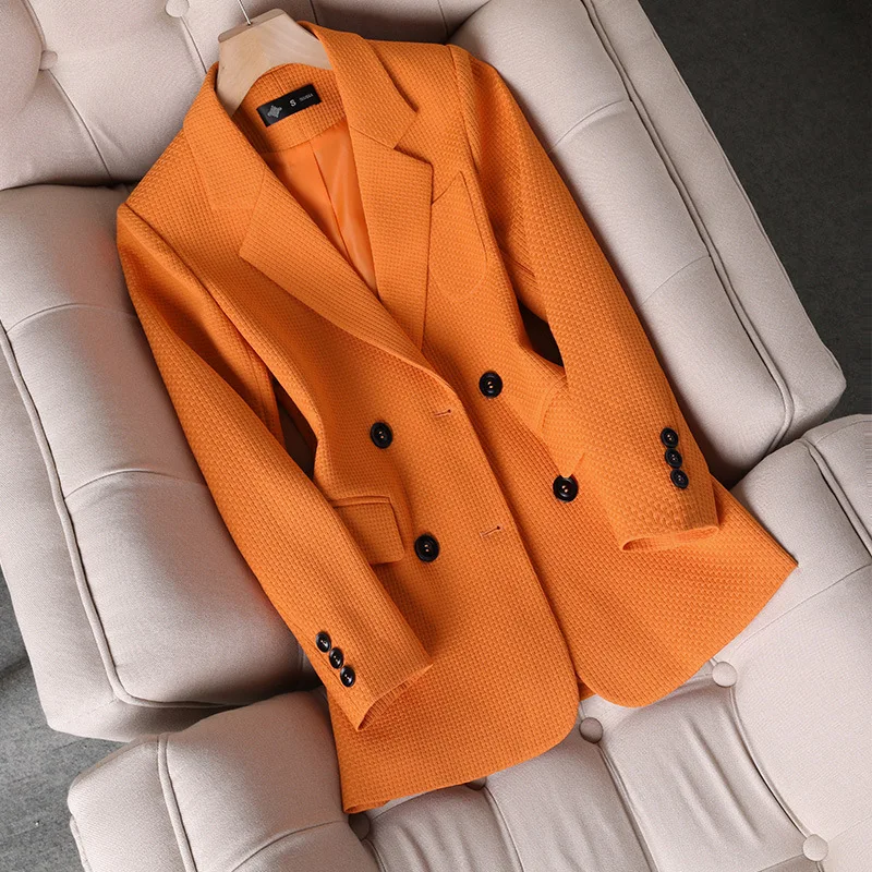 

Women Formal Blazer Ladies Female Orange Black Green Plaid Long Sleeve Single Breasted Work Wear Jacket Coat for Autumn Winter