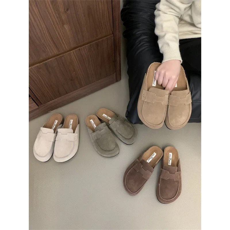 Thick Sole Versatile Bucken Shoes Real Leather Wrap Top Half Slippers Female Outsider Wearing One Step Wearing  Women's Shoes