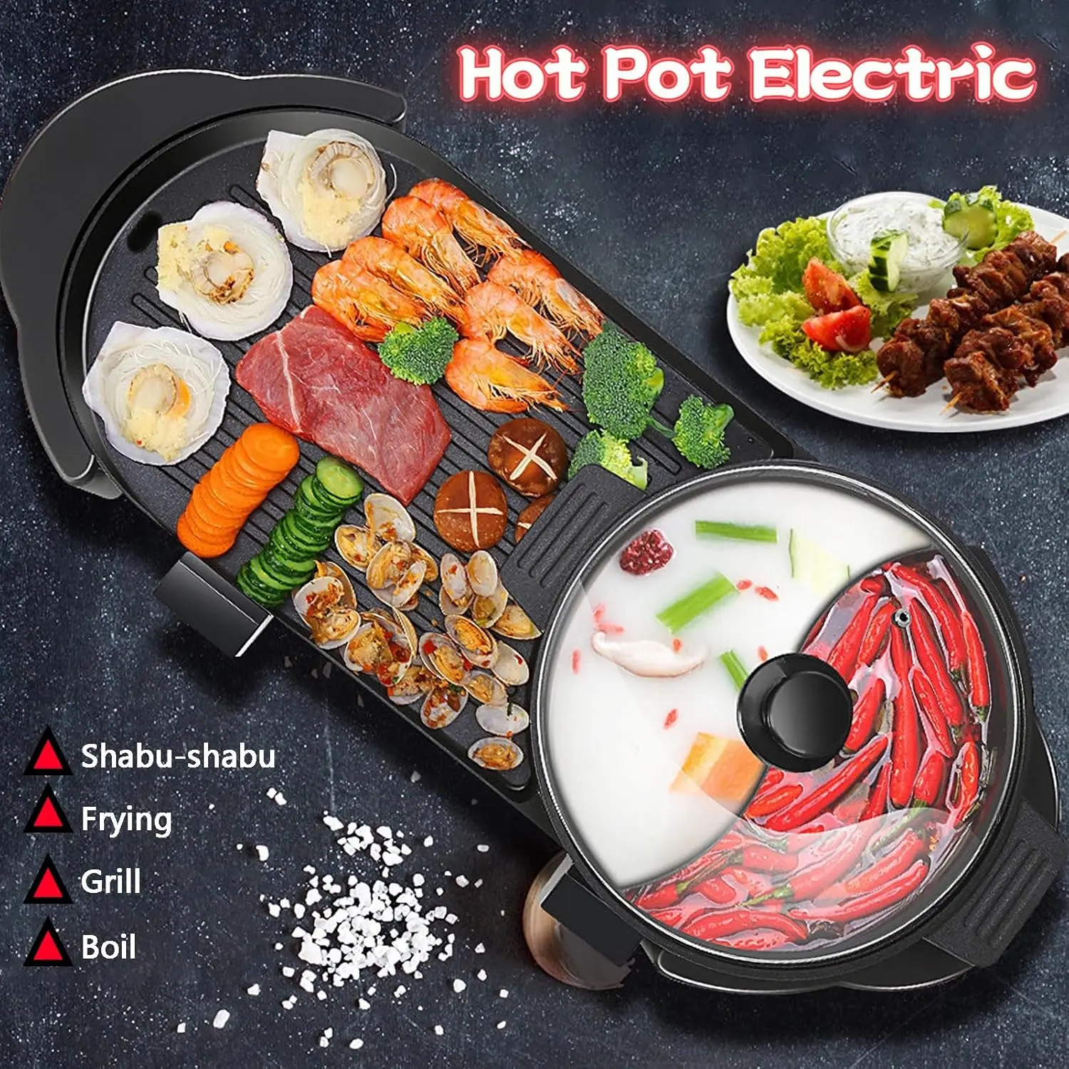 Pot with Grill, Electric Hot 2 in 1 Shabu Shabu Hot Korean BBQ Grill, Removable Hotpot 1200W / Large Capacity Ba 2
