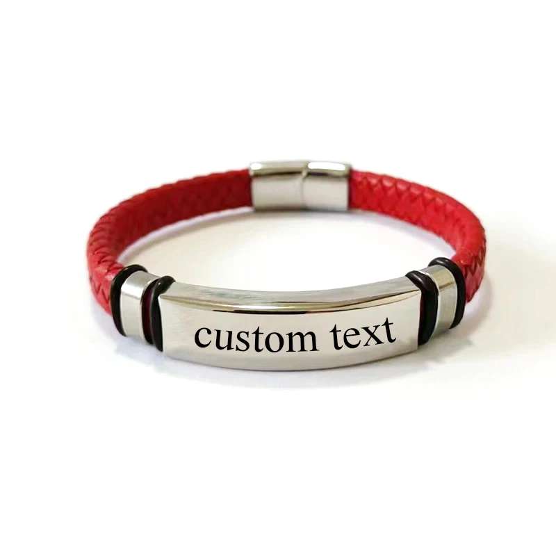 10mm Punk Custom Text Logo Name Red Black Men Leather Bracelet Stainless Steel Bracelets For Women ID Bracelet customized white square cosmetic adhesive stickers personalized waterproof black decoratoin labels with your logo and text