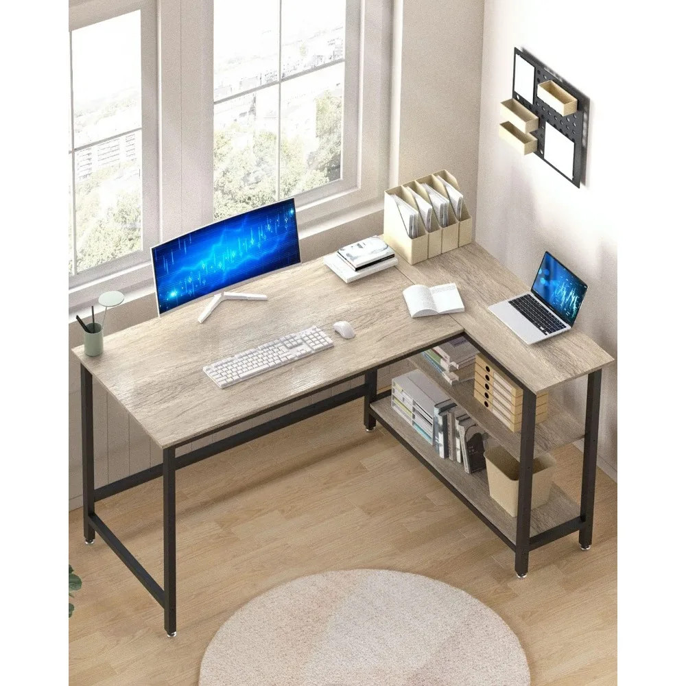 A modern home office setup with a dual-monitor desktop computer, a laptop, and neatly organized desk accessories in a well-lit room featuring an L-Shape Desk.