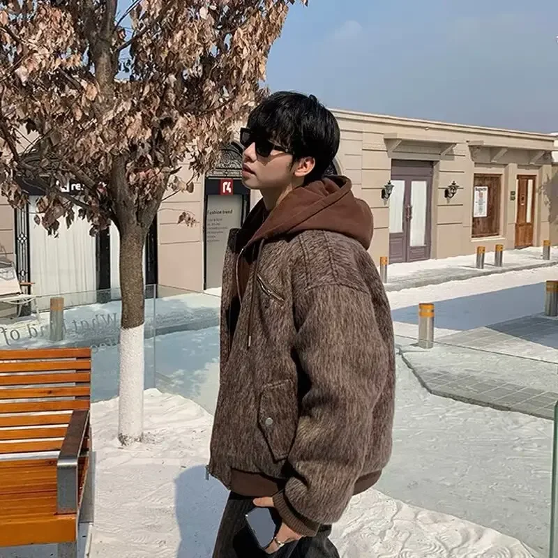 High-End Illusionzip-up Hooded Jacket Two-Piece Couple Costume Men's Autumn Winter Cropped Wool Overcoat Thickened Jacket
