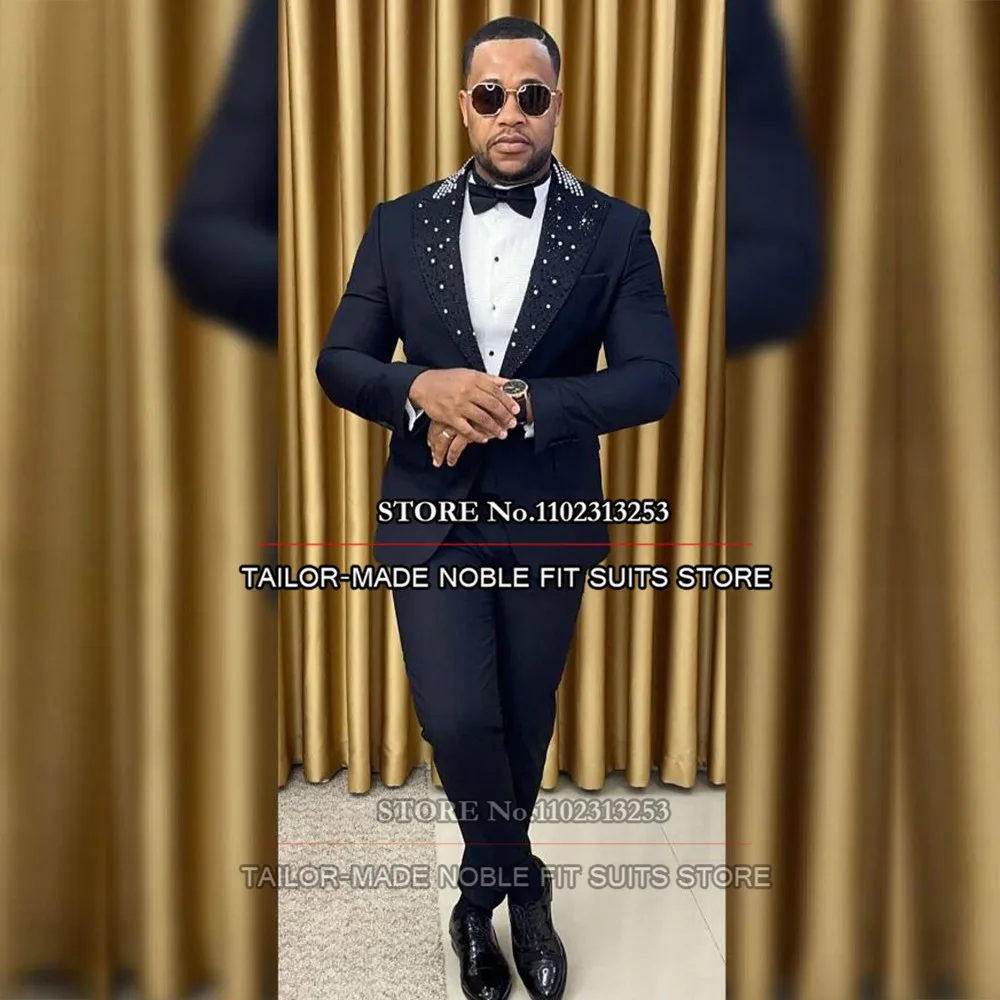 

Navy Blue Suits Men For Wedding Crystals Beaded Peaked Lapel Jacket Pants 2 Pieces Groom Tuxedos Male Fashion Prom Blazer Sets